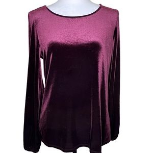 Adrianna Papell Velvet Blouse‎ Burgundy Round Neckline Bow Back Long Sleeves